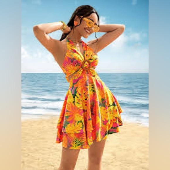 SHEIN Dresses & Skirts - Shein Dress Tropical Print Layered Hem Tie Backless Halter Hawaiian Sun‎ Dress